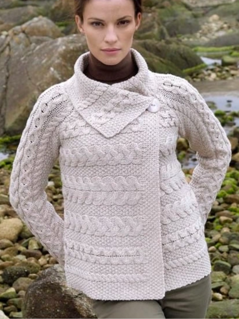 Aran Crafts 100% Merino Wool Asymmetric 1-Button Cardigan Cable Knit Oatmeal Med